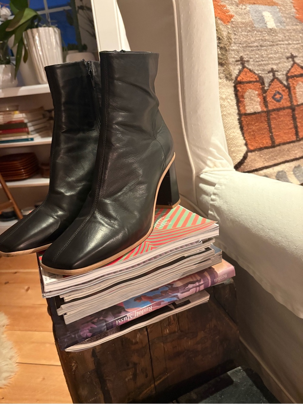 Black Leather Block Heel Ankle Boots - Women - Picture 4 of 6
